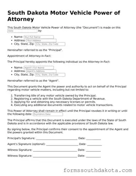 Official  Motor Vehicle Power of Attorney Form for South Dakota