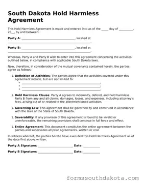 Official  Hold Harmless Agreement Form for South Dakota
