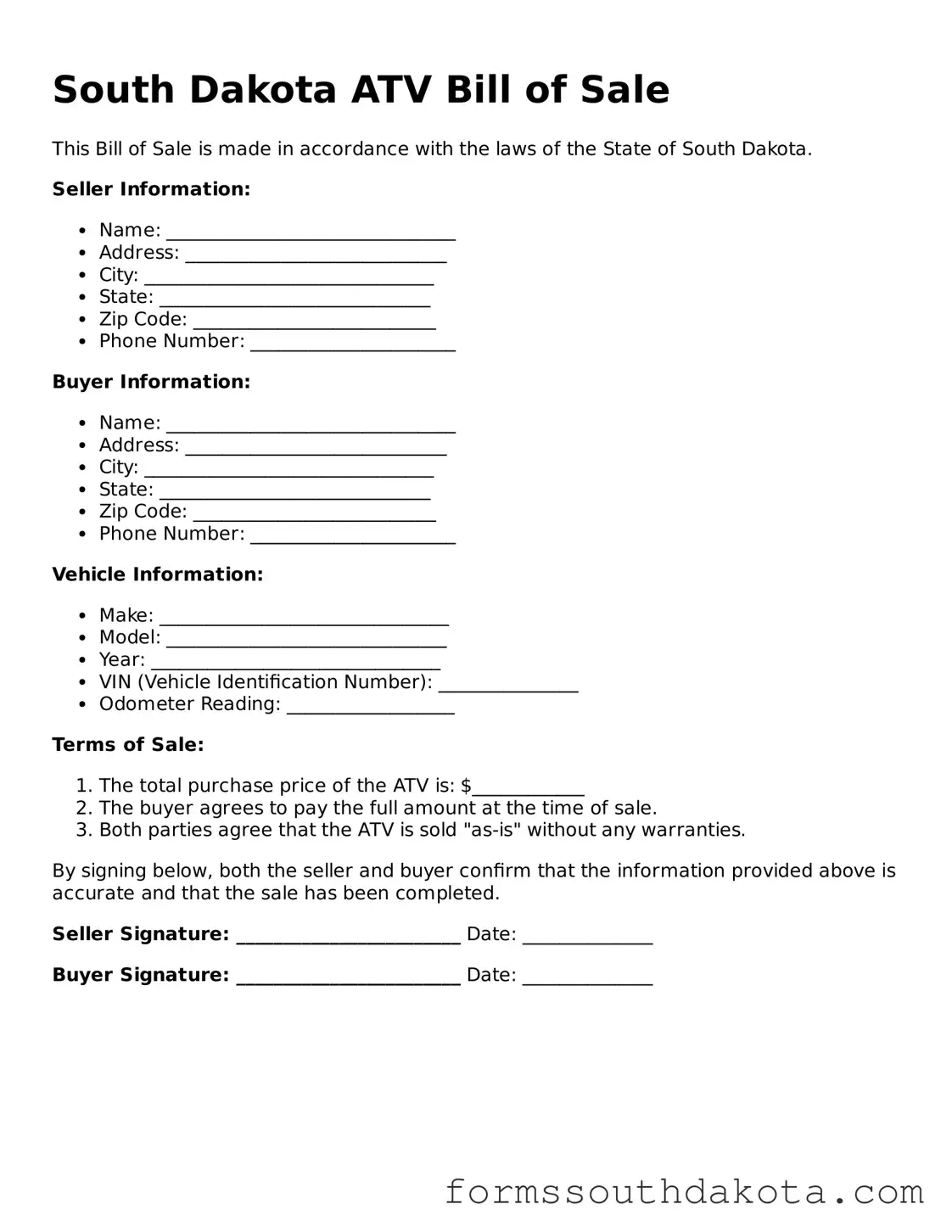 Official  ATV Bill of Sale Form for South Dakota