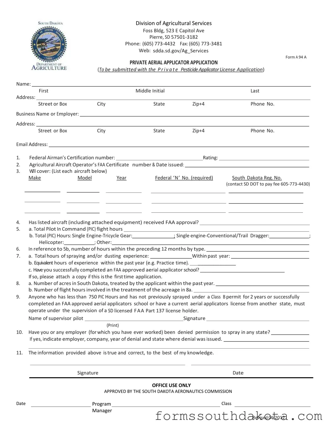 Blank South Dakota A 94 A PDF Form