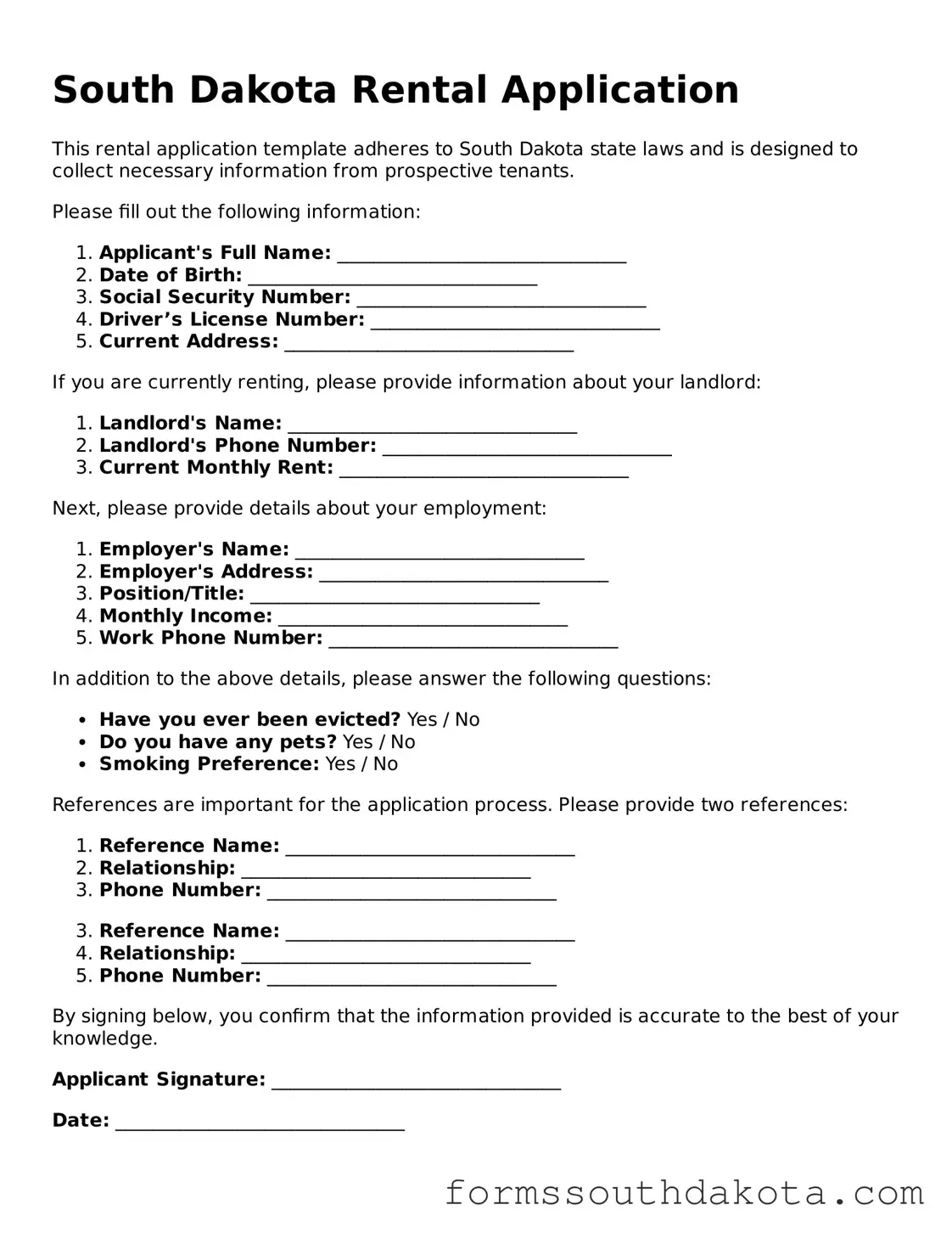 Official  Rental Application Form for South Dakota