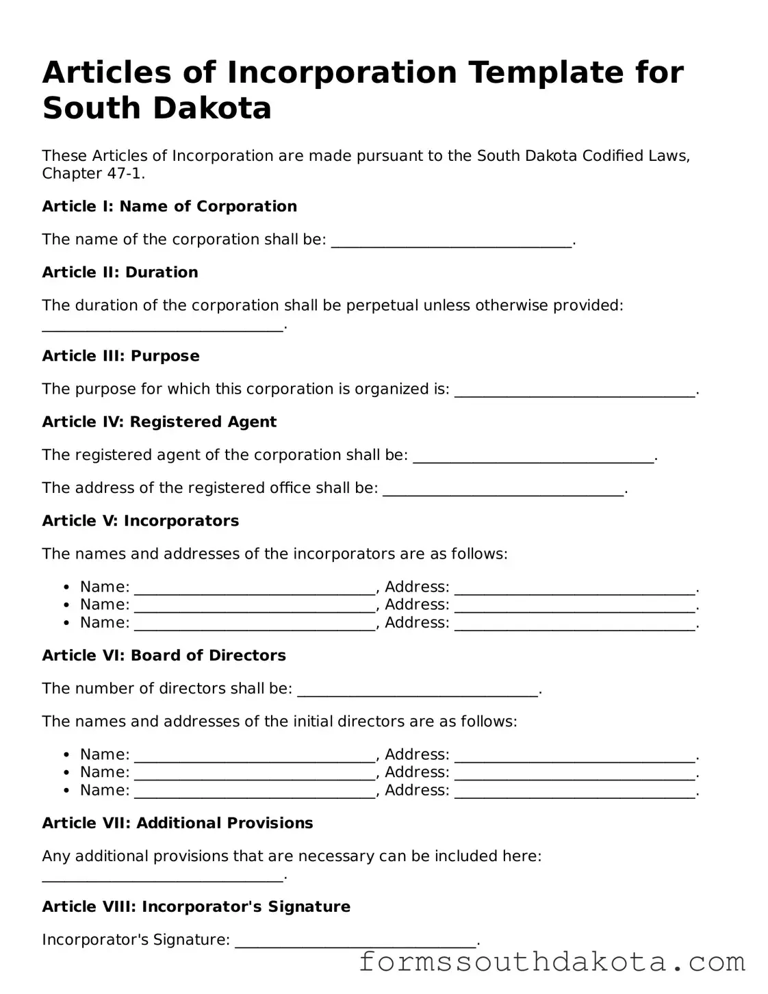 Official  Articles of Incorporation Form for South Dakota