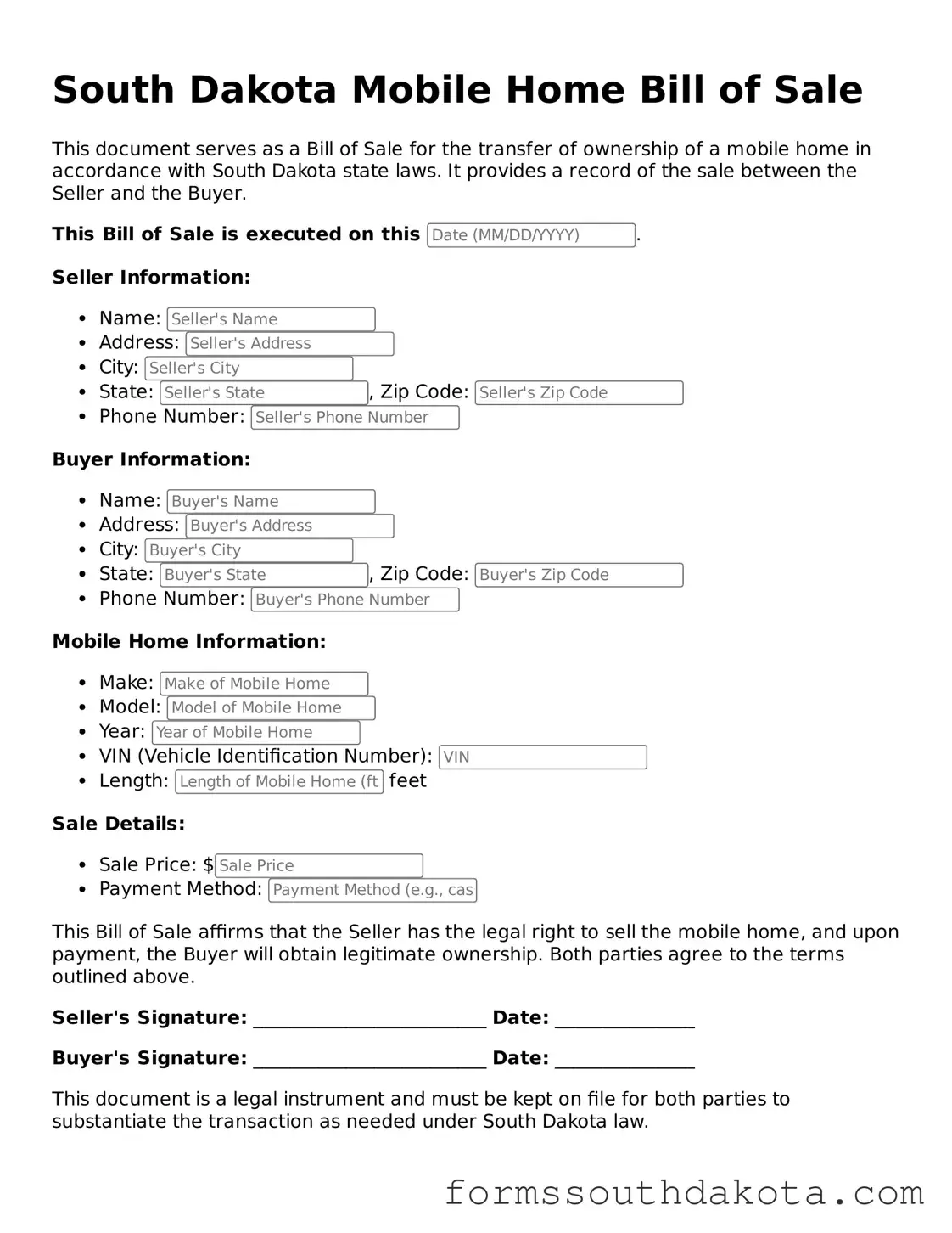 Official  Mobile Home Bill of Sale Form for South Dakota