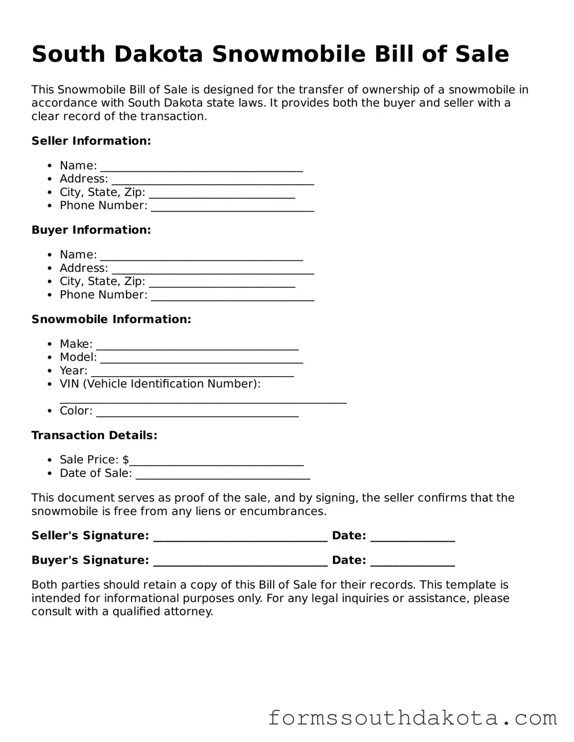 Official  Snowmobile Bill of Sale Form for South Dakota