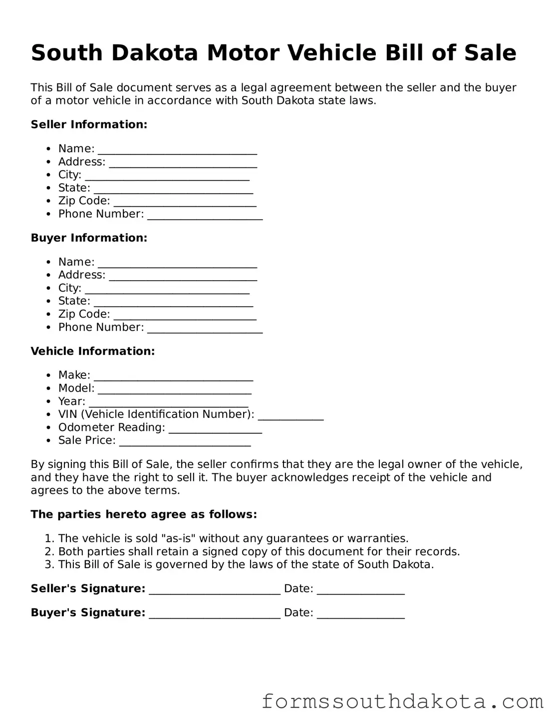 Official  Motor Vehicle Bill of Sale Form for South Dakota