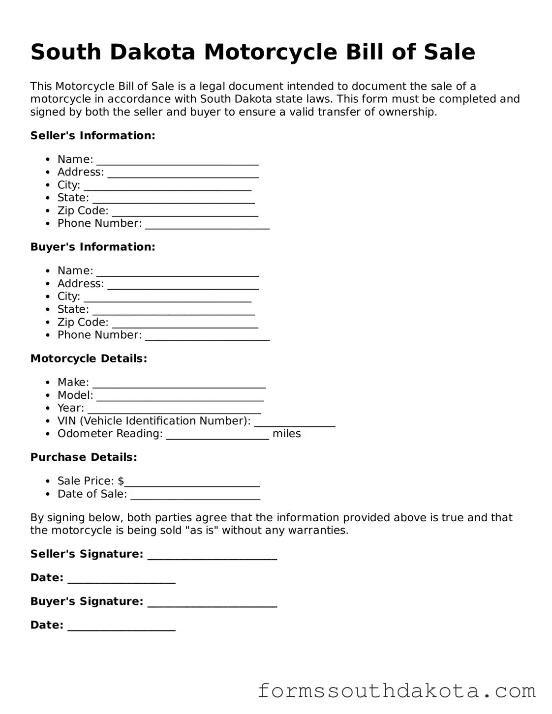 Official  Motorcycle Bill of Sale Form for South Dakota