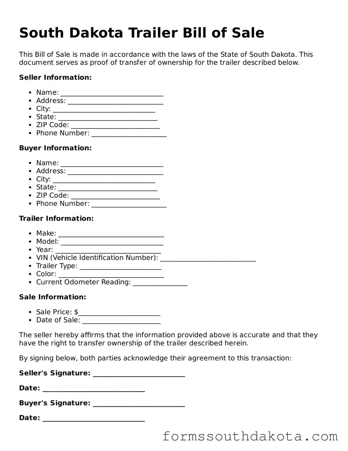 Official  Trailer Bill of Sale Form for South Dakota
