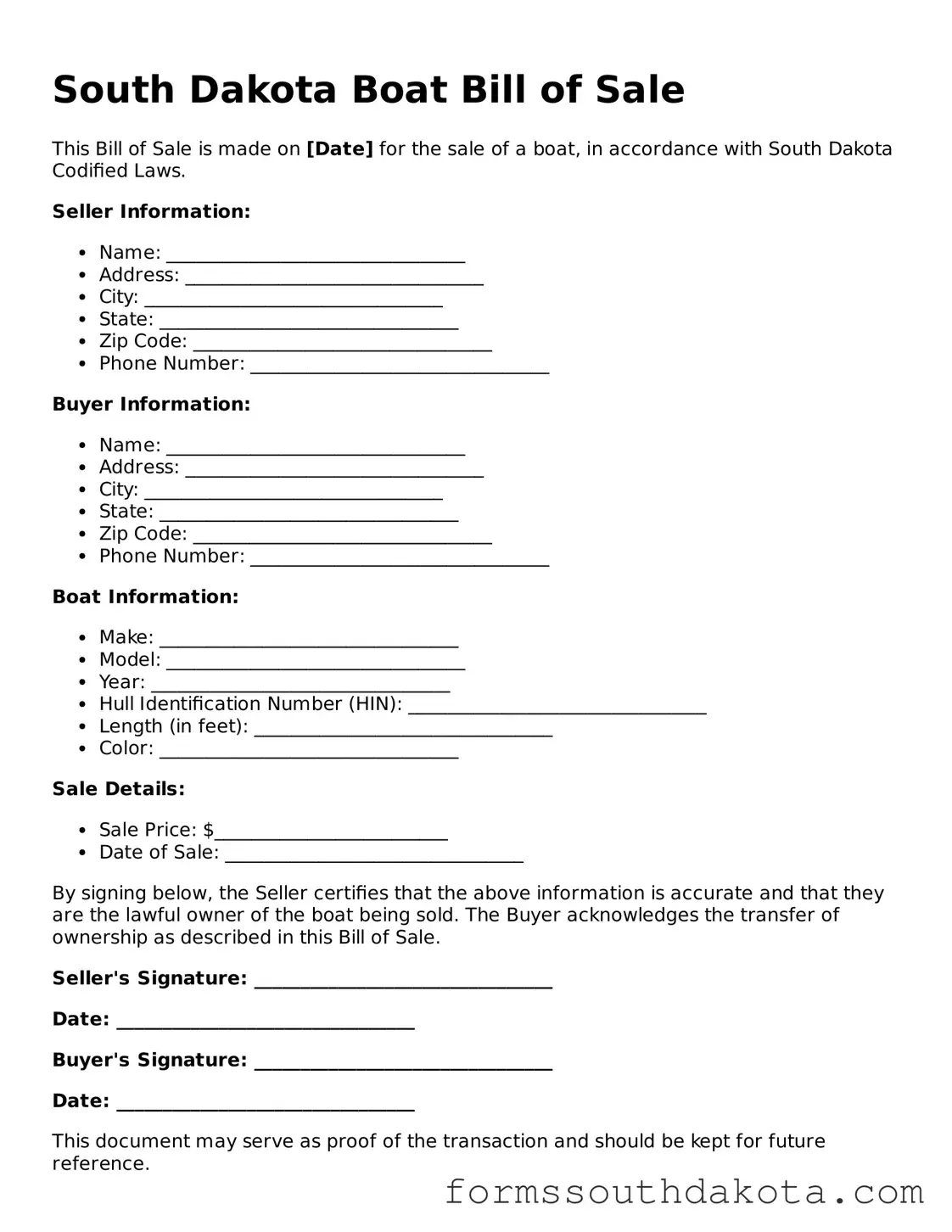 Official  Boat Bill of Sale Form for South Dakota