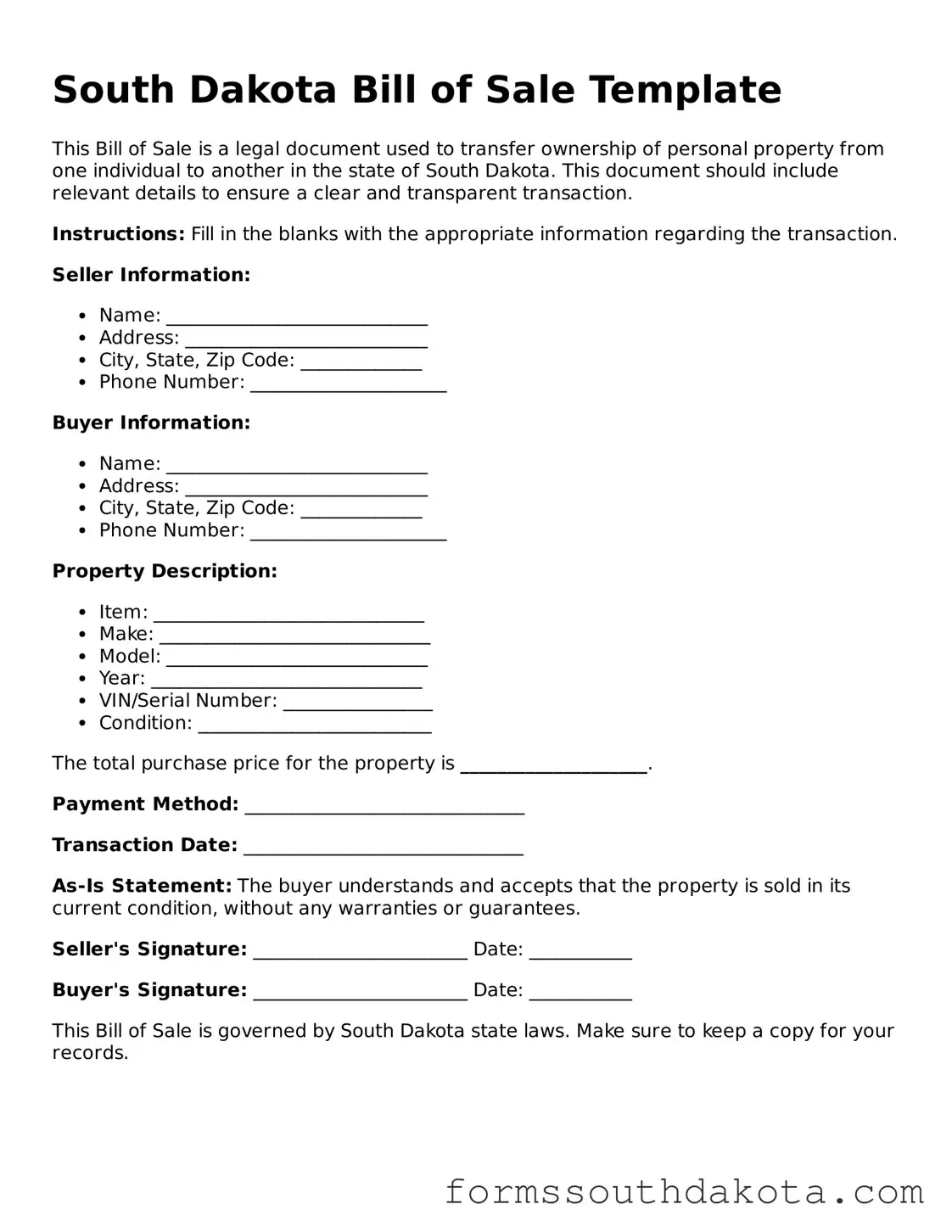 Official  Bill of Sale Form for South Dakota