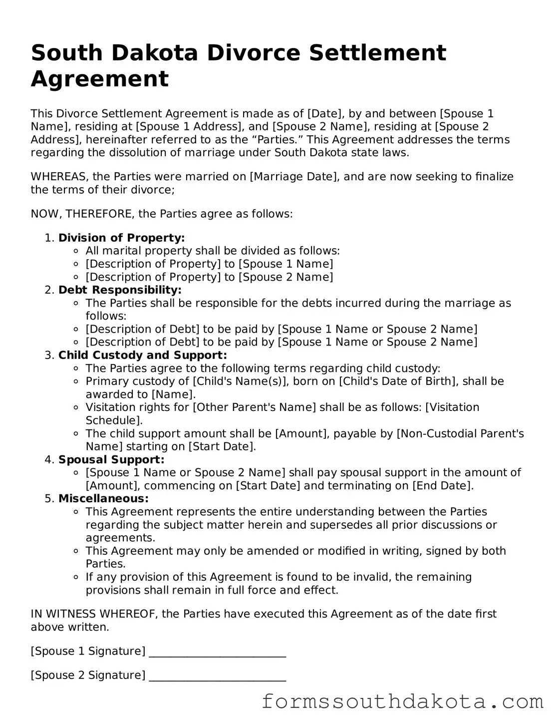 Official  Divorce Settlement Agreement Form for South Dakota