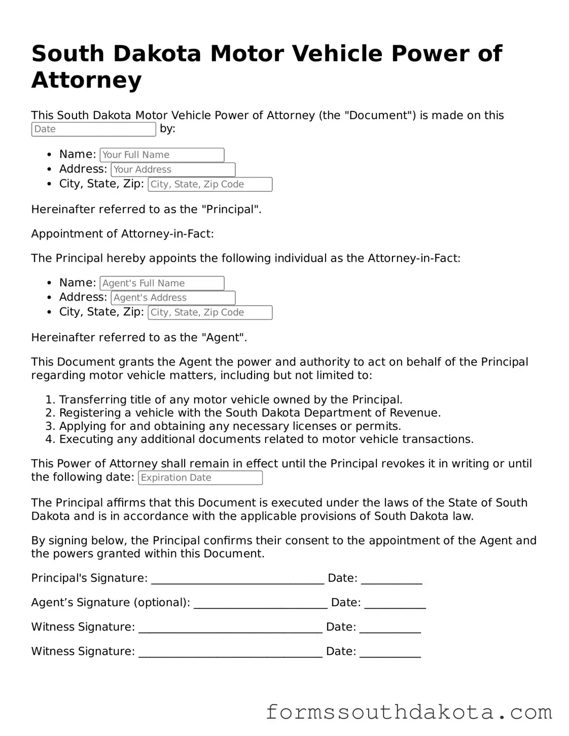 Official  Motor Vehicle Power of Attorney Form for South Dakota