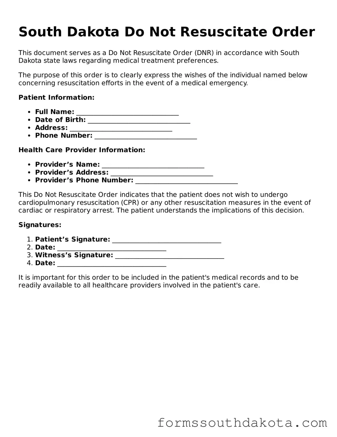 Official  Do Not Resuscitate Order Form for South Dakota