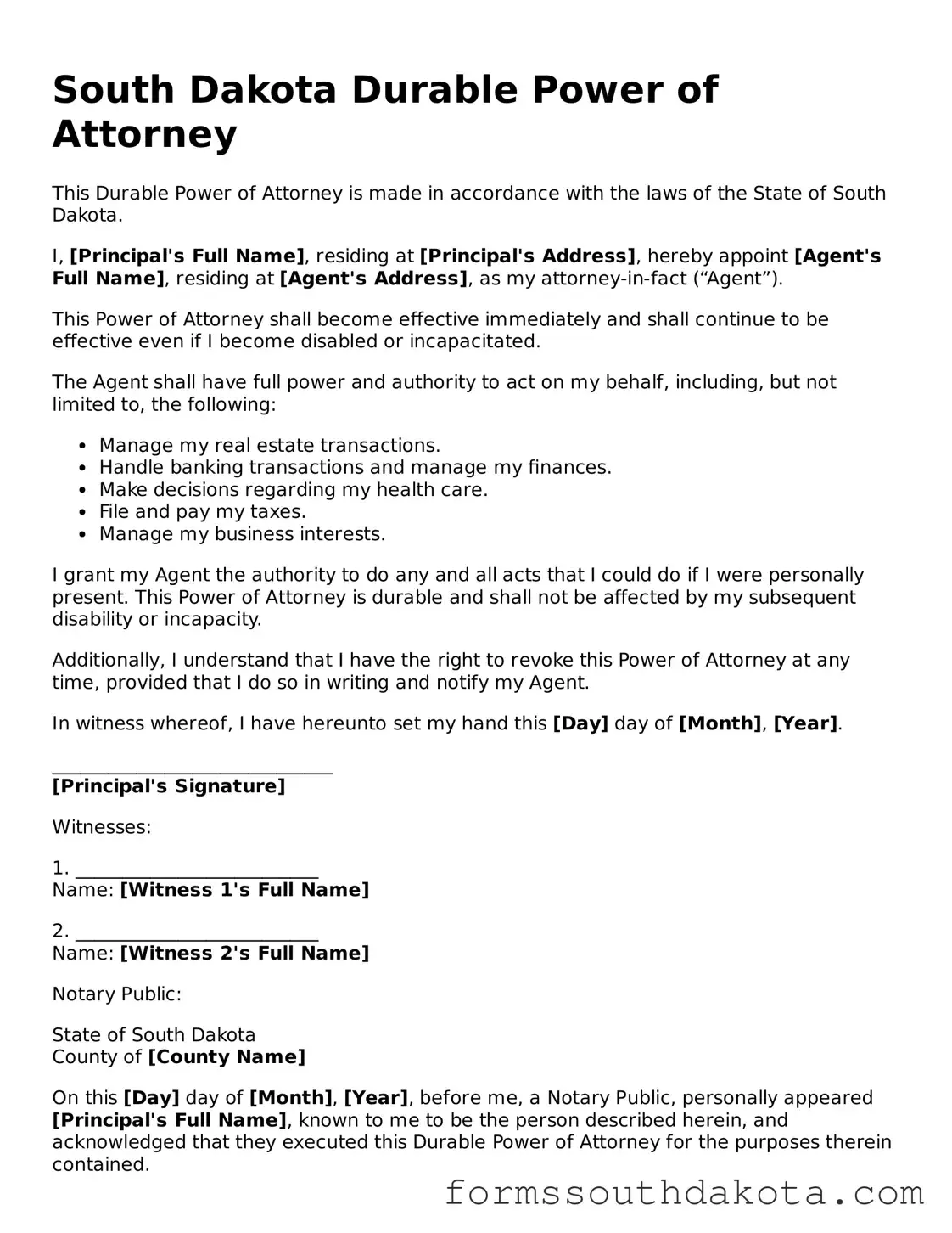 Official  Durable Power of Attorney Form for South Dakota