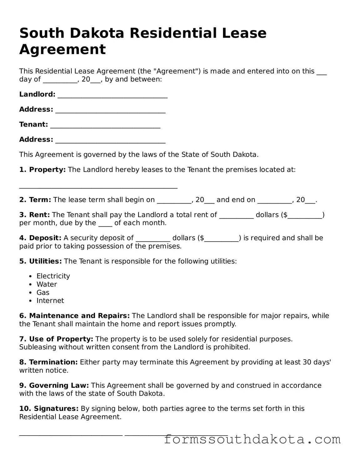 Official  Residential Lease Agreement Form for South Dakota
