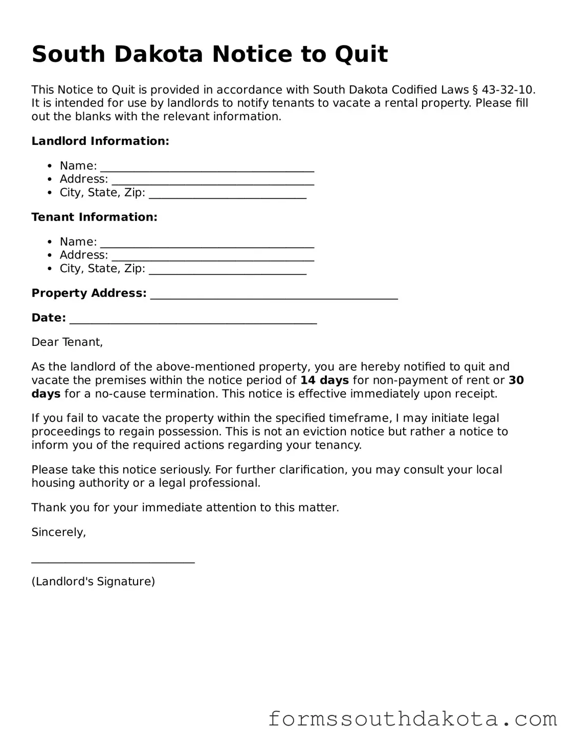 Official  Notice to Quit Form for South Dakota