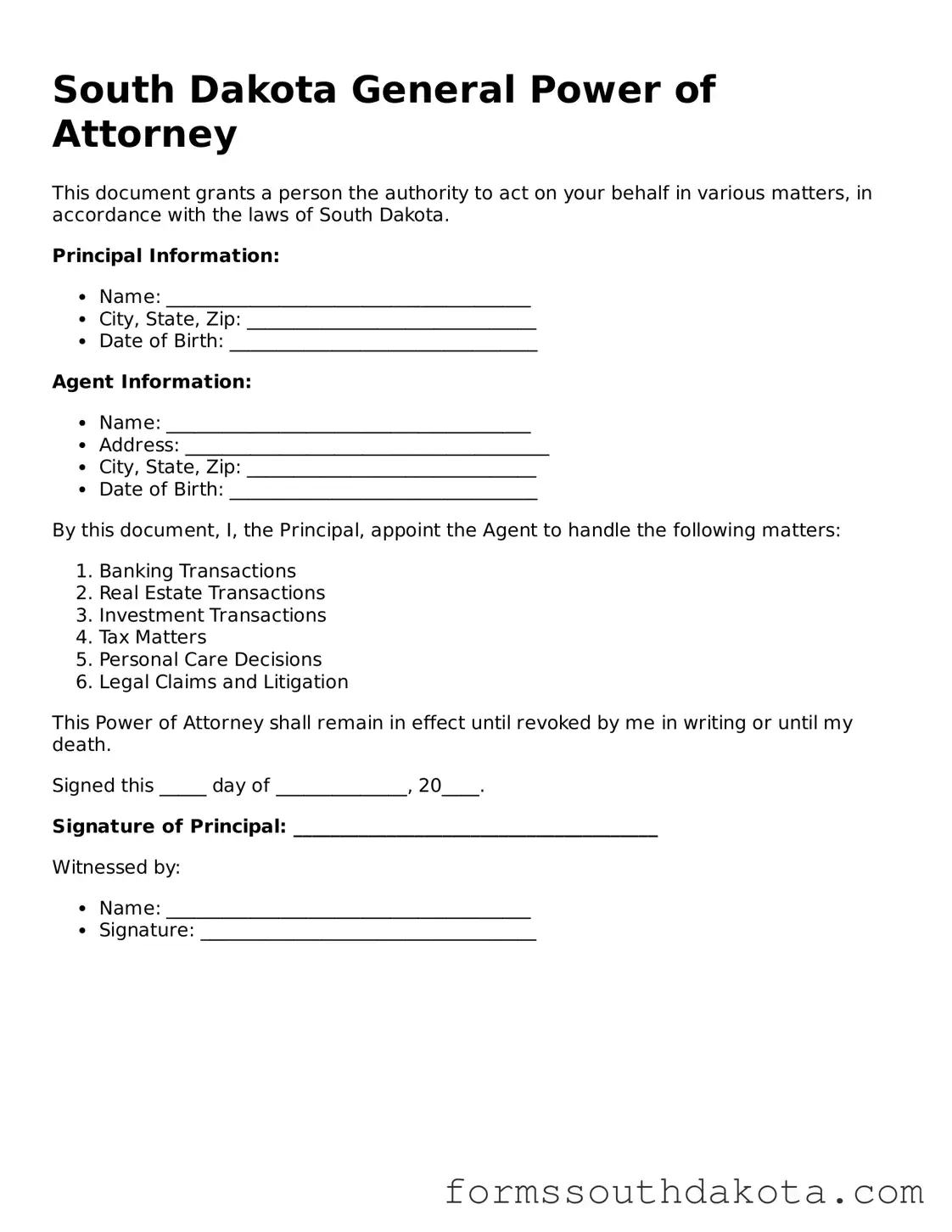 Official  General Power of Attorney Form for South Dakota