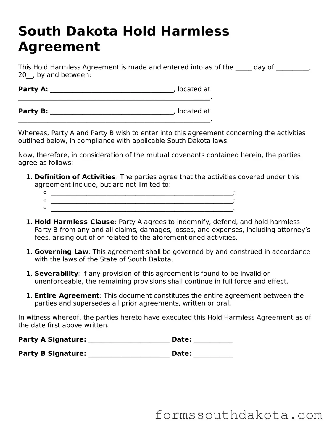 Official  Hold Harmless Agreement Form for South Dakota