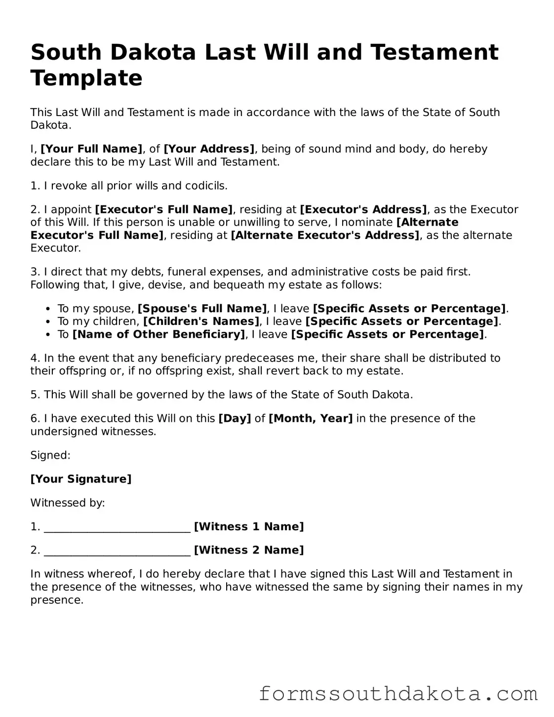 Official  Last Will and Testament Form for South Dakota