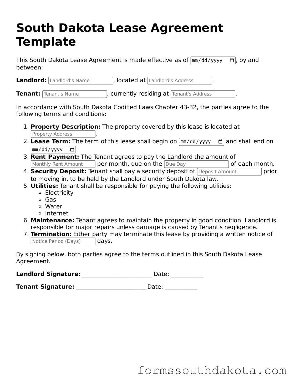 Official  Lease Agreement Form for South Dakota