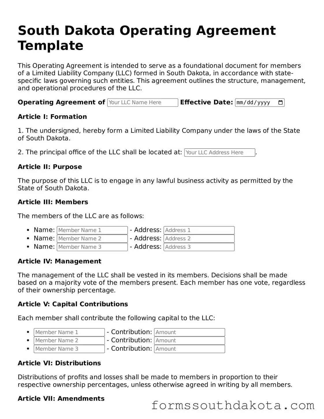 Official  Operating Agreement Form for South Dakota