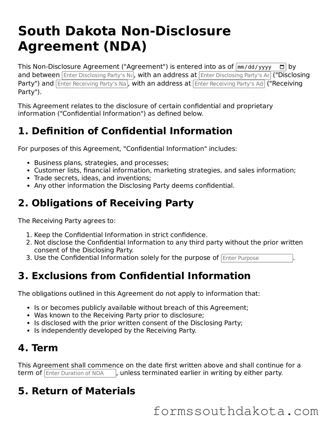 Official  Non-disclosure Agreement Form for South Dakota
