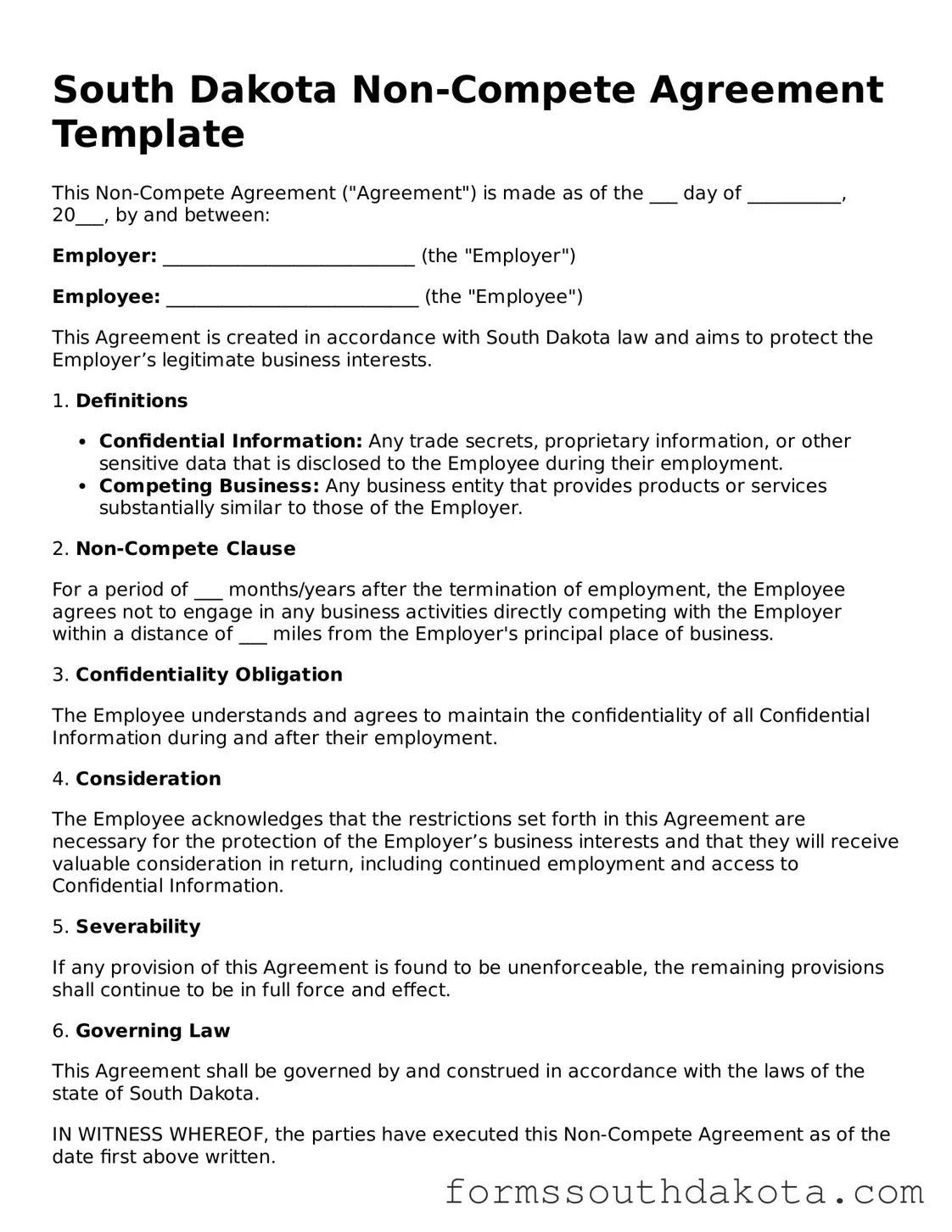 Official  Non-compete Agreement Form for South Dakota