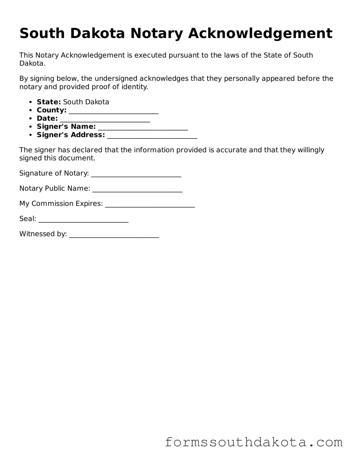 Official  Notary Acknowledgement Form for South Dakota