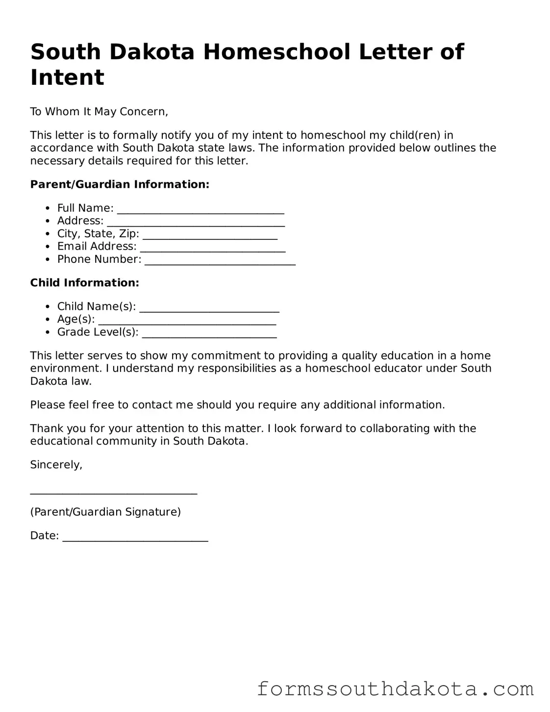 Official  Homeschool Letter of Intent Form for South Dakota