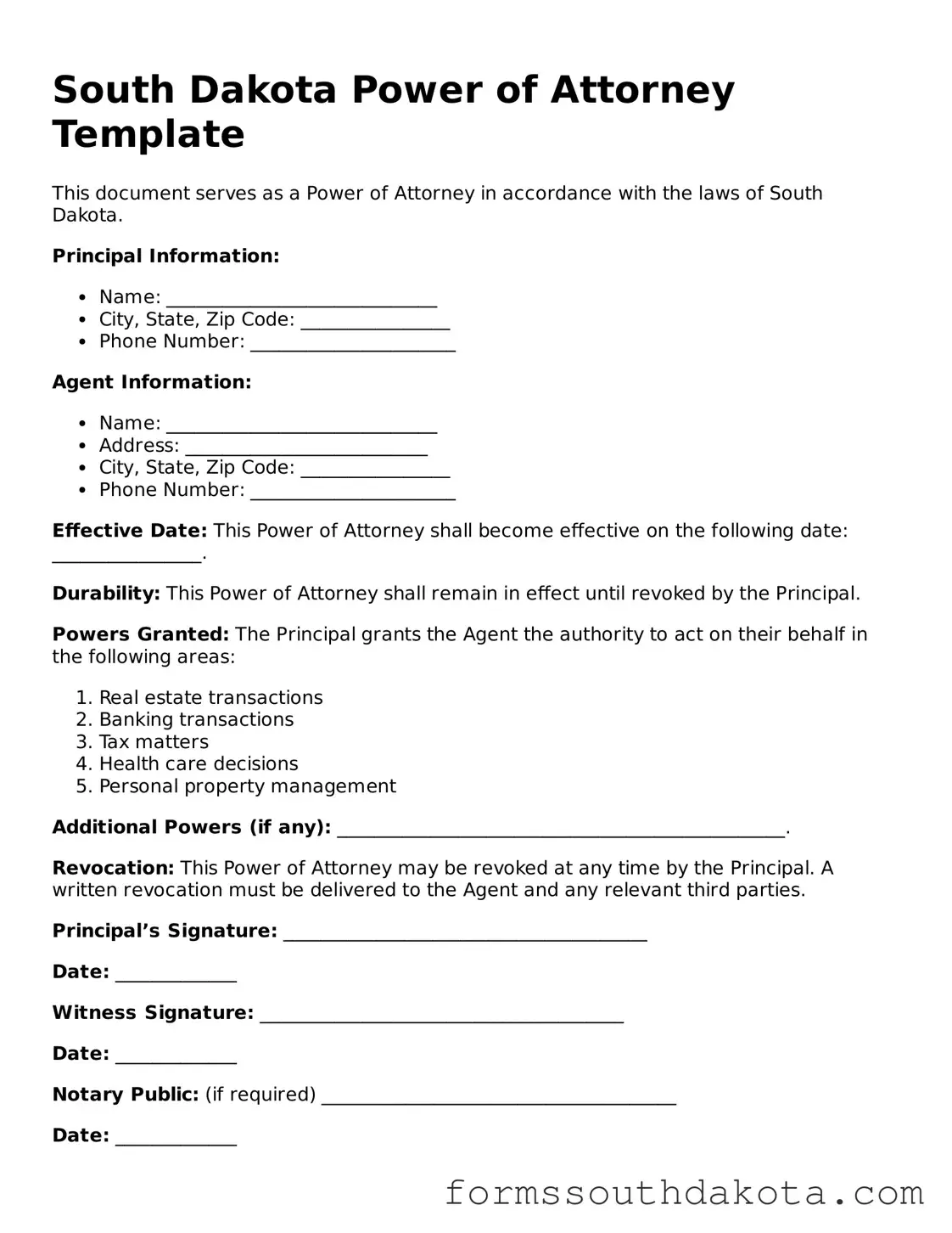 Official  Power of Attorney Form for South Dakota