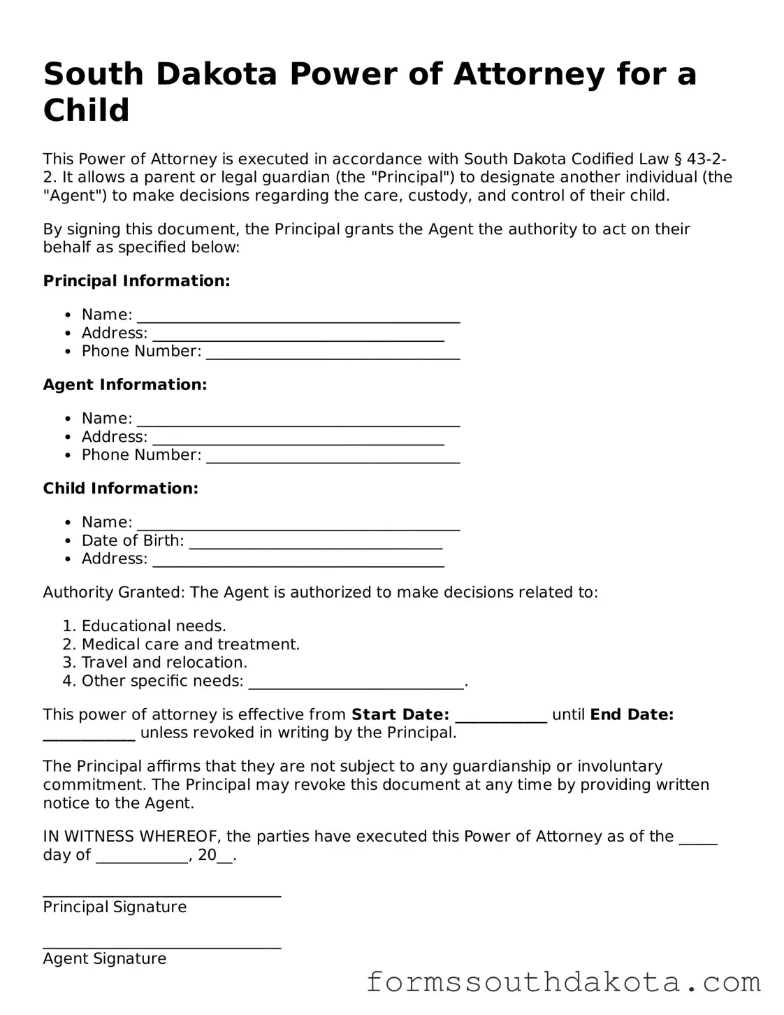 Official  Power of Attorney for a Child Form for South Dakota
