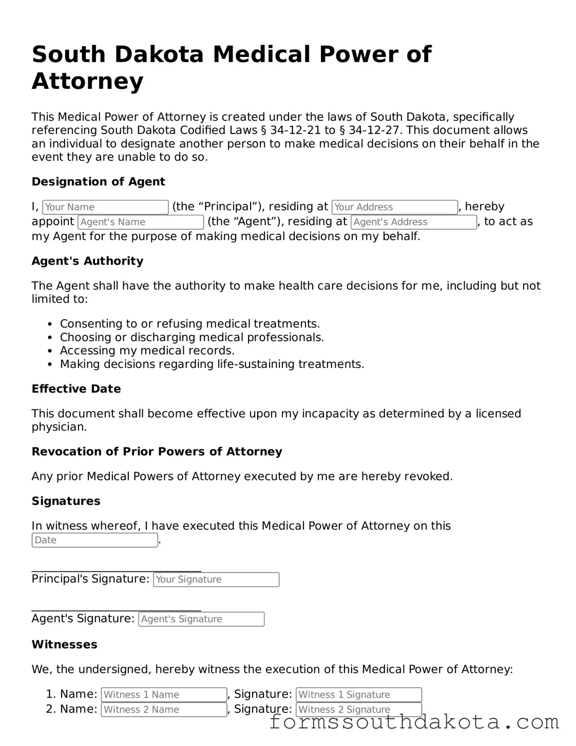 Official  Medical Power of Attorney Form for South Dakota