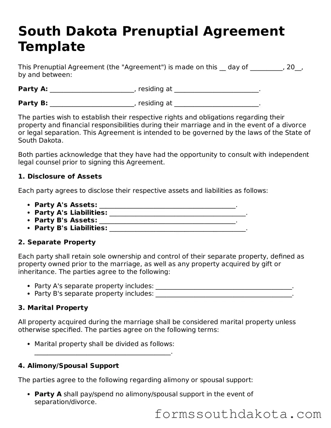 Official  Prenuptial Agreement Form for South Dakota