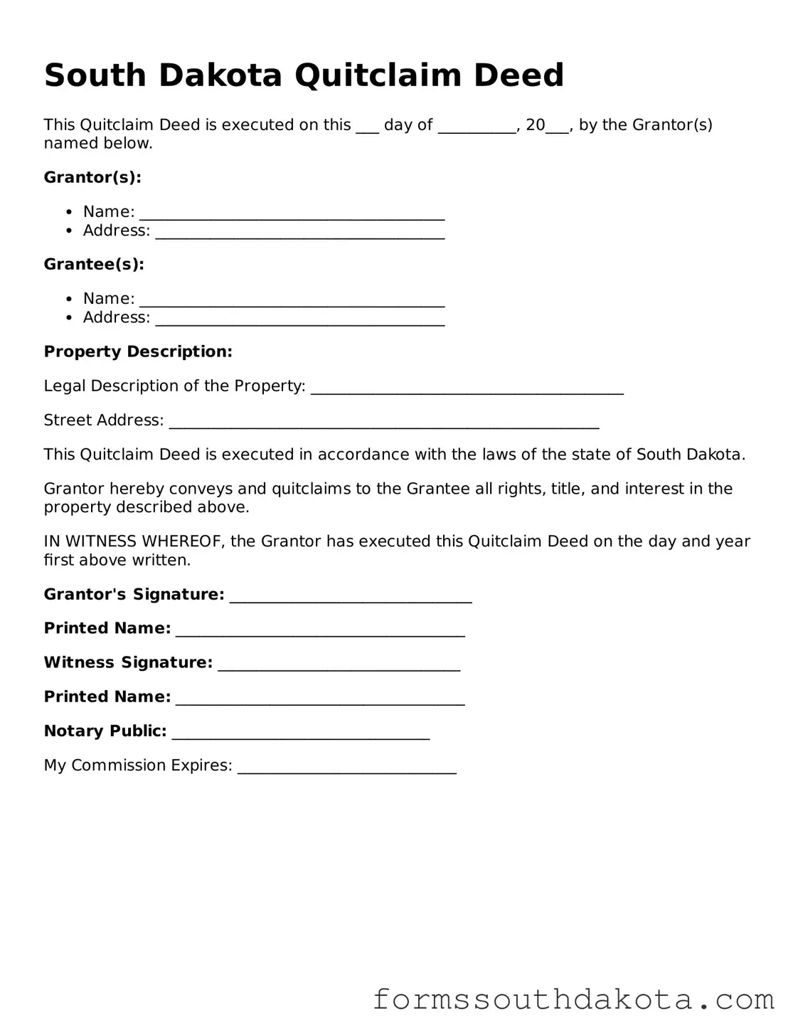 Official  Quitclaim Deed Form for South Dakota