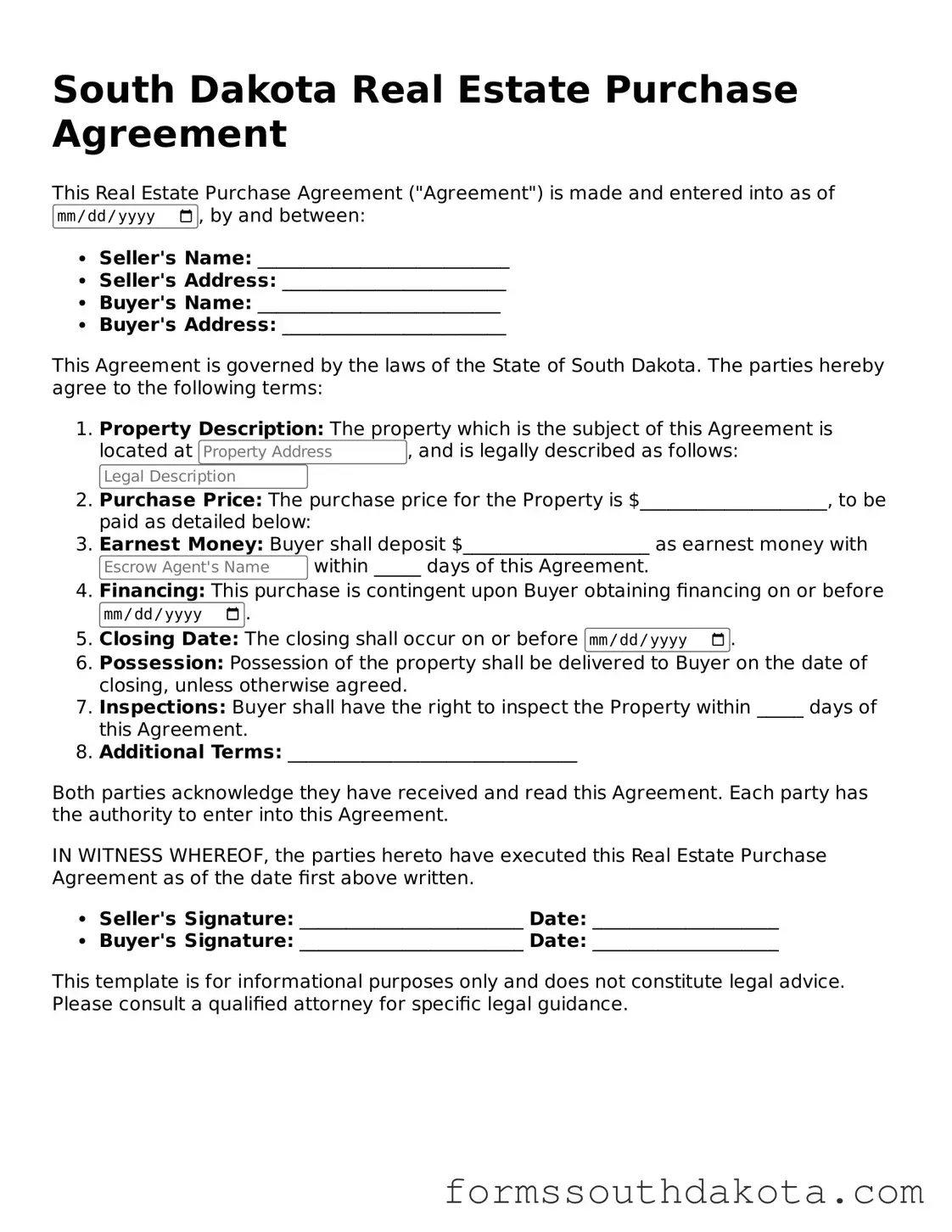Official  Real Estate Purchase Agreement Form for South Dakota