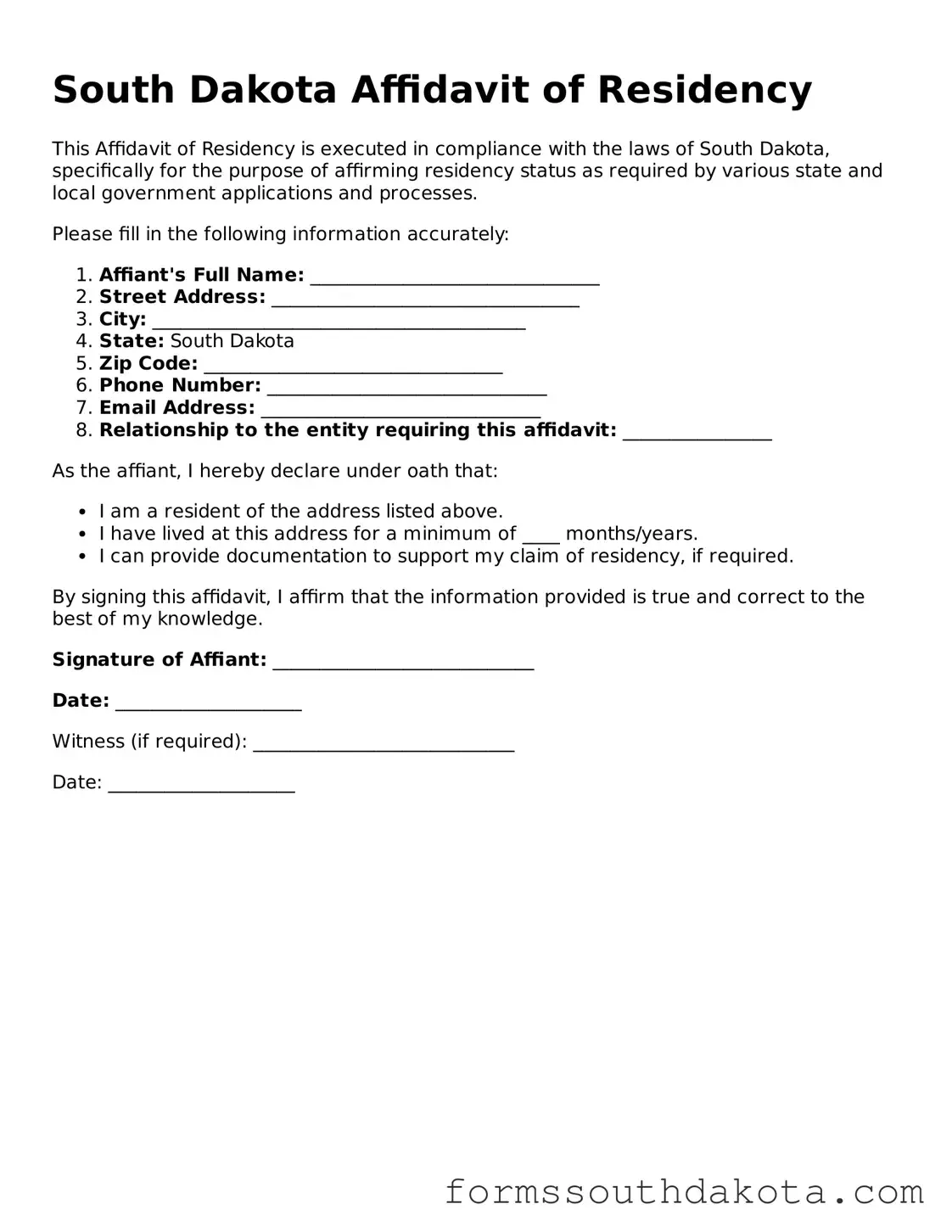 Official  Affidavit of Residency Form for South Dakota