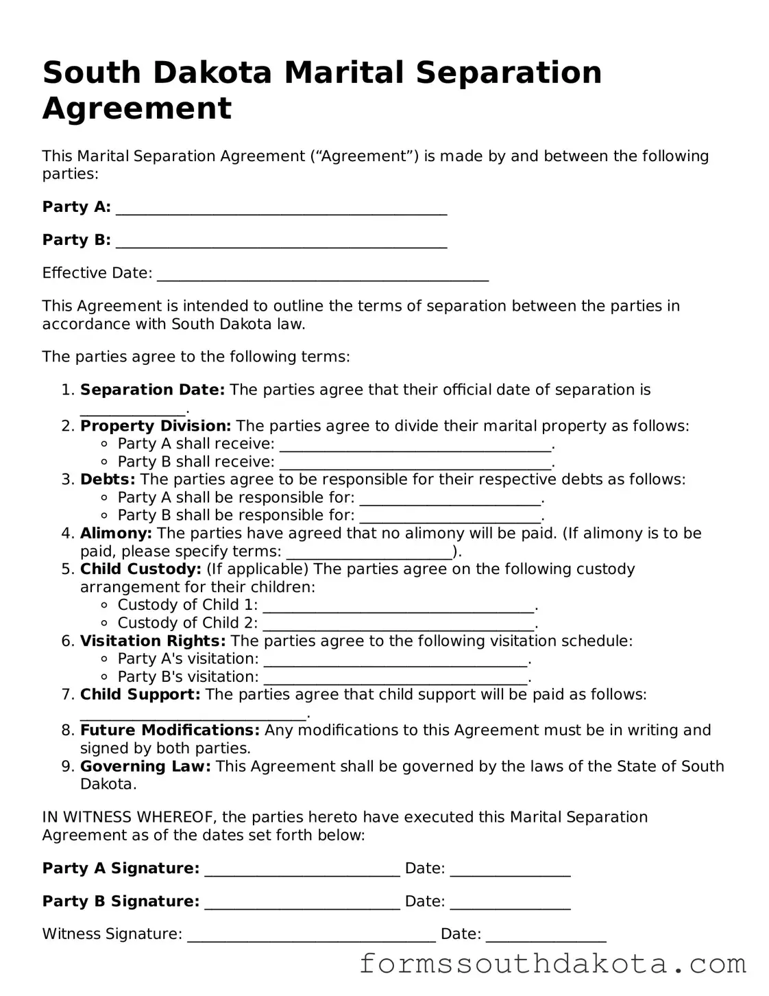 Official  Marital Separation Agreement Form for South Dakota