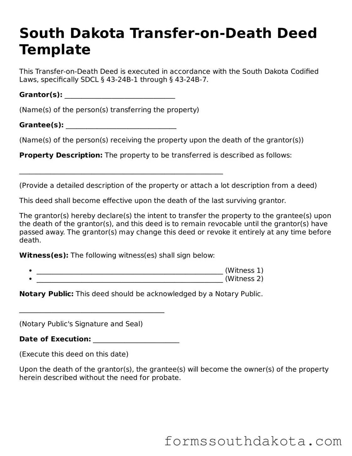 Official  Transfer-on-Death Deed Form for South Dakota