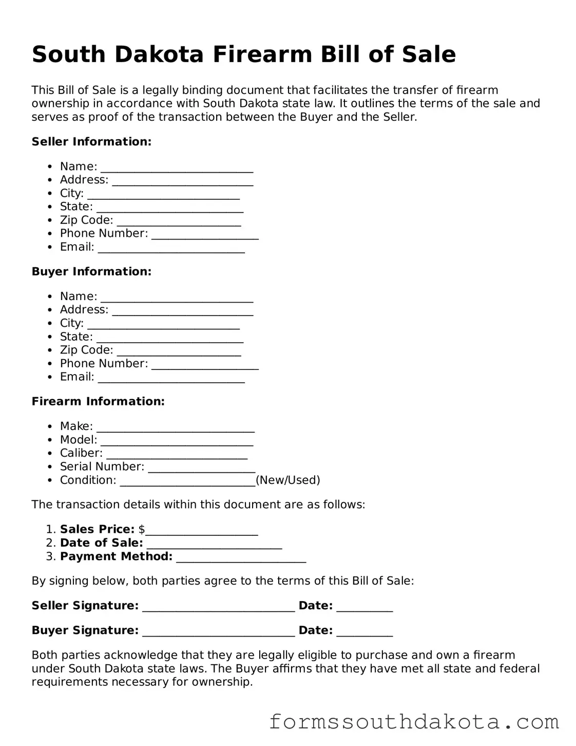 Official  Firearm Bill of Sale Form for South Dakota